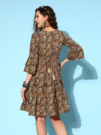 Thumbnail for InWeave Women's Brown Kalamkari Print Short Dress - Distacart