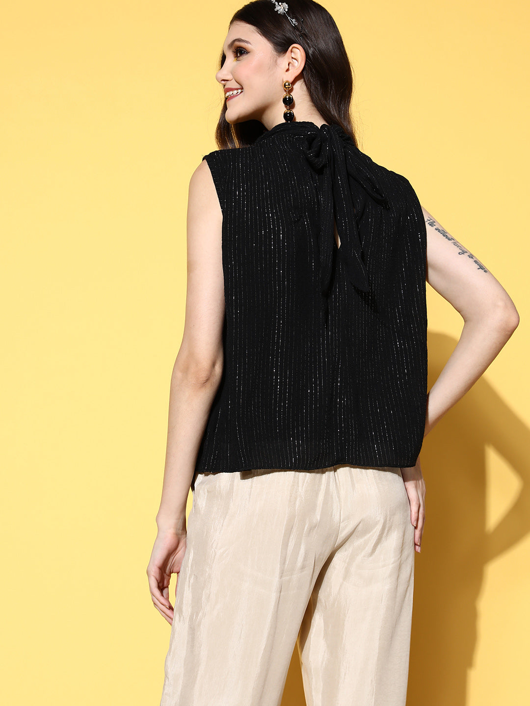InWeave Women's Black Lurex Tie Up Top - Distacart