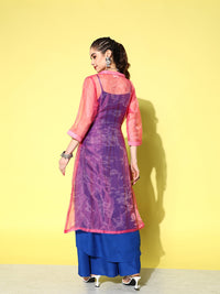Thumbnail for InWeave Women's Ink Blue Strappy Kurta Set With Pink Organza Cape - Distacart