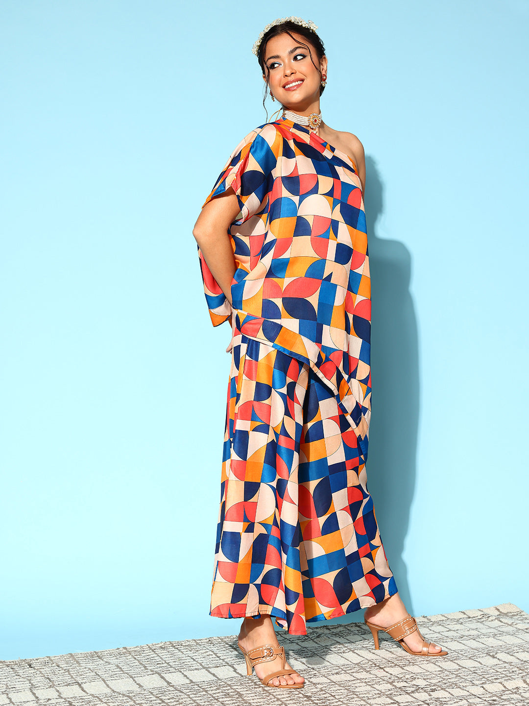InWeave Women's Multi Geometric Print One Shoulder Top With Palazzo Set - Distacart