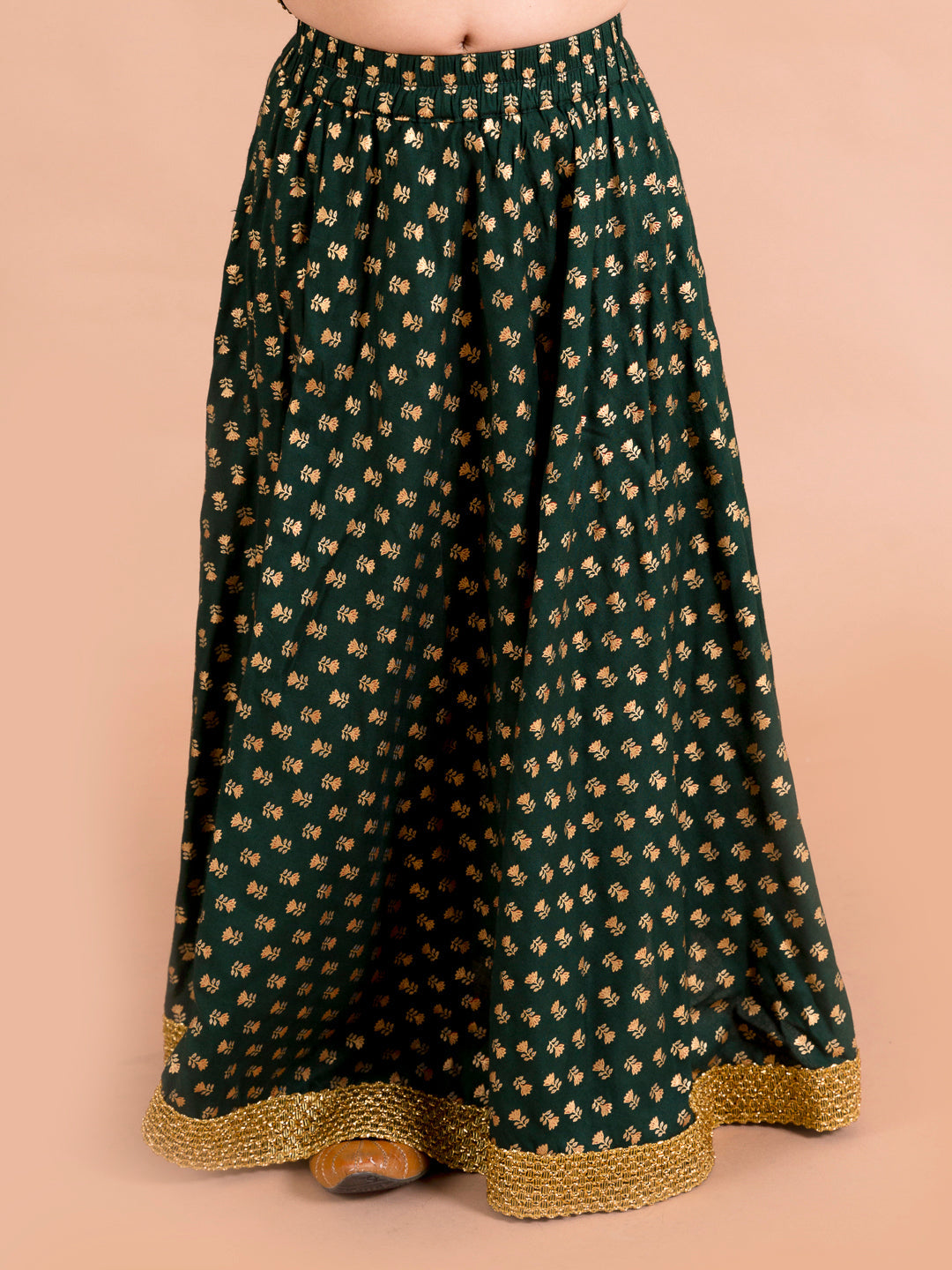 Girls Green Gold-Toned Printed Ready To Wear Lehenga Blouse With Dupatta - Mini Marvels - Distacart