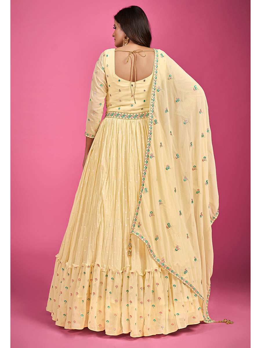 Myra Yellow Pure Georgette Embroidered Gown - Distacart