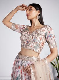 Thumbnail for House of Panchhi Cream Colour Organza Floral Design Digital Print Lehenga Choli & Dupatta - Distacart