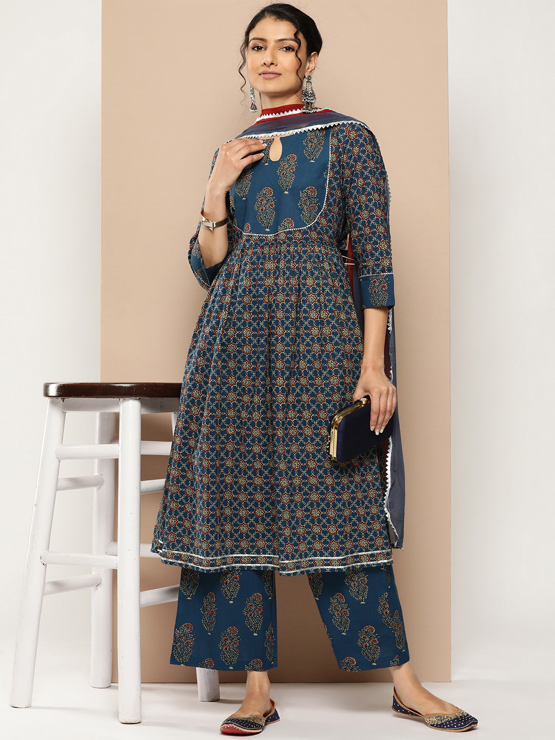 KSUT (House of Varanga) Blue And Rust Yoke Style Anarkali Paired With Printed Palazzo And Ombre Dupatta - Distacart