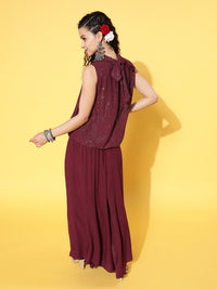 Thumbnail for InWeave Women's Maroon Lurex Top With Flared Palazzo - Distacart