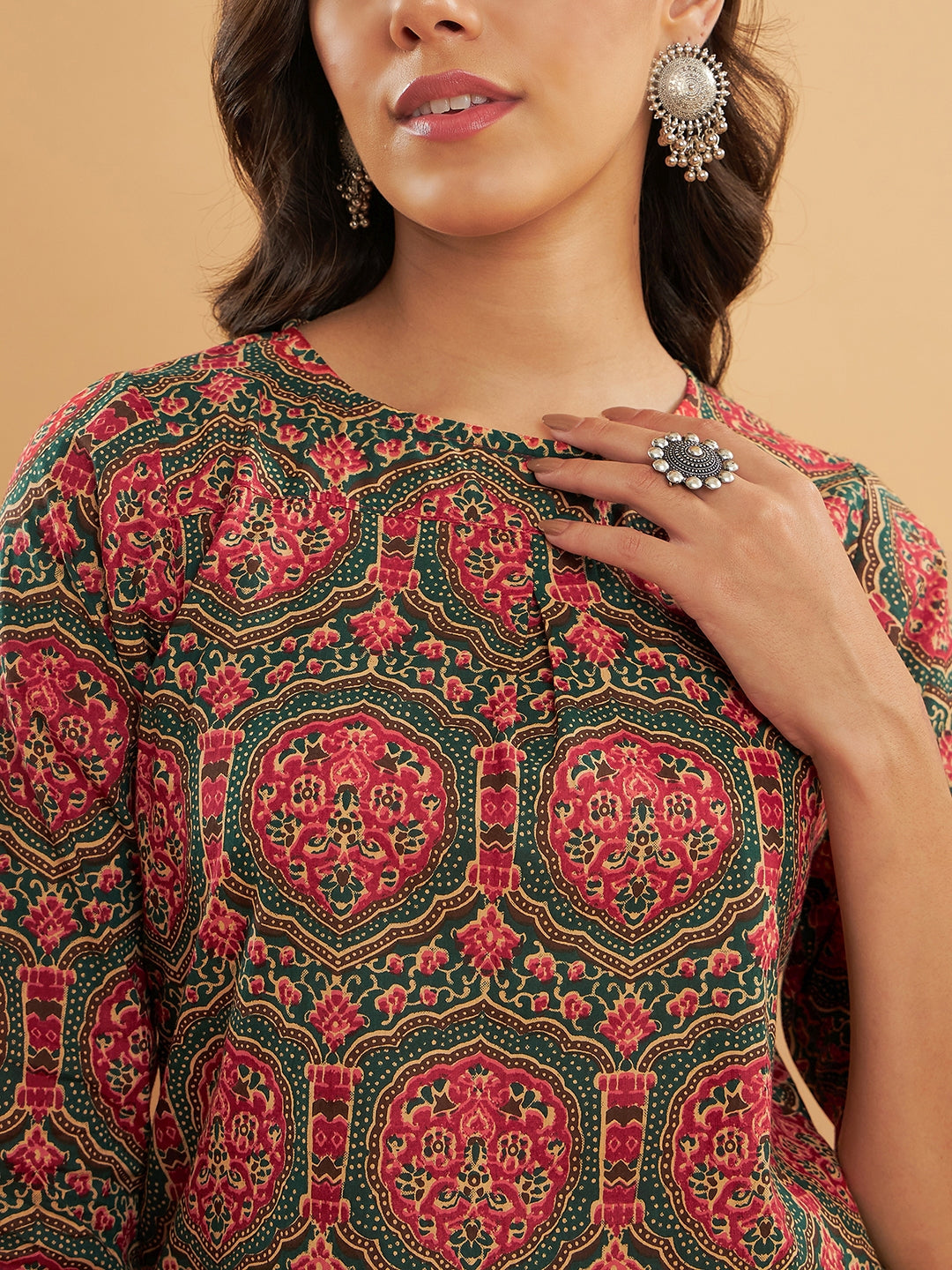 InWeave Women's Green Red Mughal Kalamkari Top - Distacart