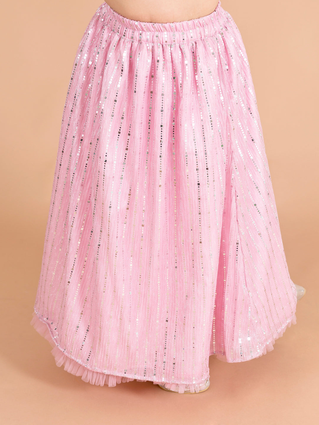 Girls Pink Silver-Toned Embellished Ready To Wear Lehenga - Mini Marvels - Distacart