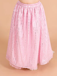 Thumbnail for Girls Pink Silver-Toned Embellished Ready To Wear Lehenga - Mini Marvels - Distacart
