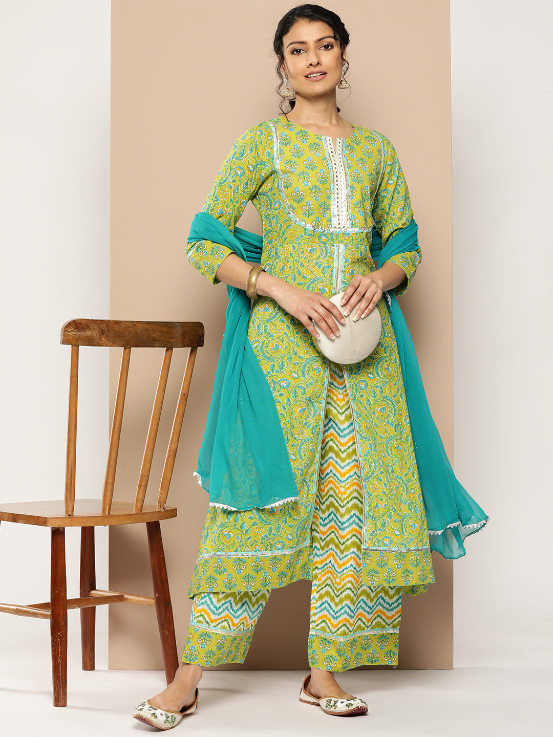 KSUT (House of Varanga) Green Floral Printed A-Line Kurta Paired With Printed Palazzo And Chiffon Dupatta - Distacart