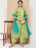Thumbnail for KSUT (House of Varanga) Green Floral Printed A-Line Kurta Paired With Printed Palazzo And Chiffon Dupatta - Distacart