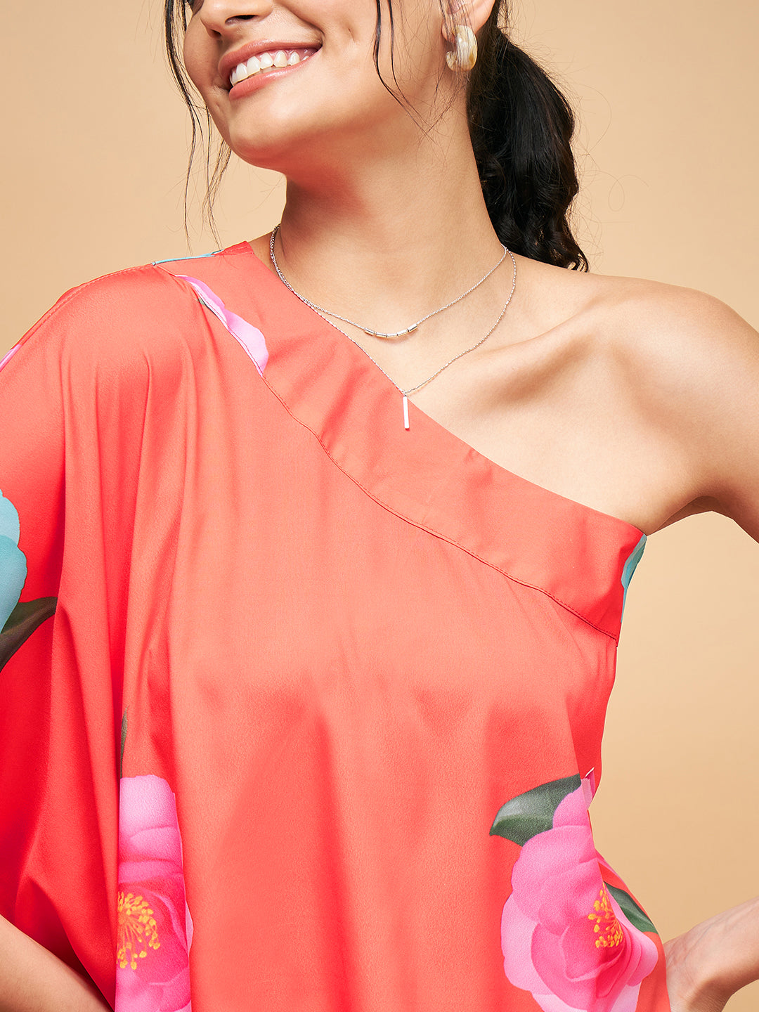 InWeave Women's Dark Orange Pink Blue Flower One Shoulder Kurta - Distacart