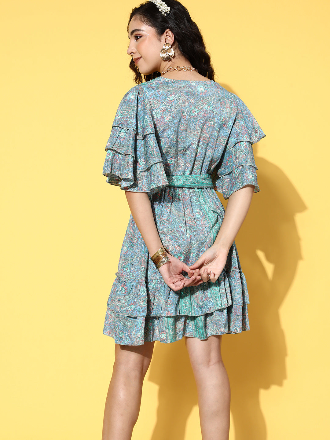 InWeave Women's Sparky Blue Ruffled Tie Up Dress - Distacart