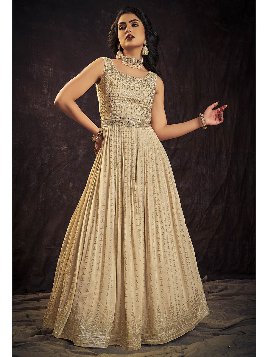 Myra Cream Real Georgette Designer Gown Style Suit - Distacart