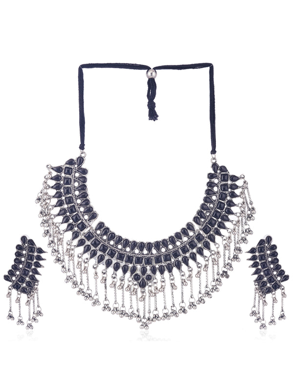 Cardinal Silver-Plated Black Stone Studded Jewellery Set - Distacart
