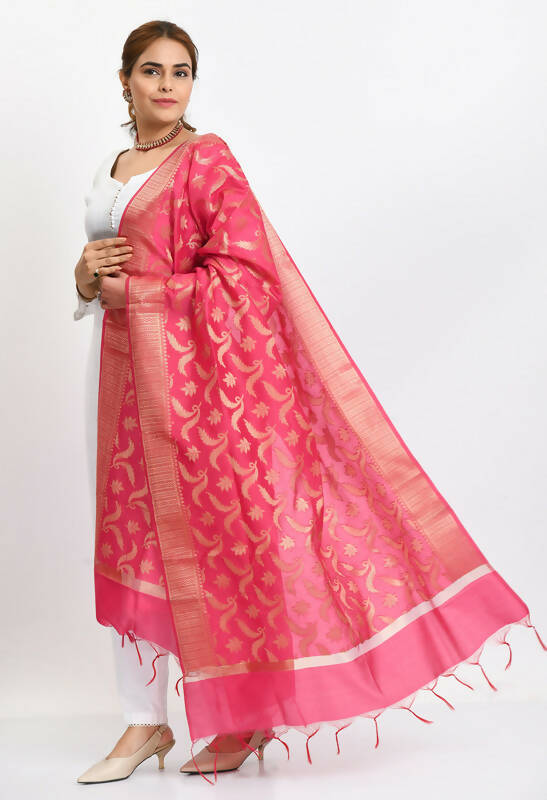 Mominos Fashion Moeza Women's Banarsi Silk Floral Woven Design Pink Dupatta - Distacart