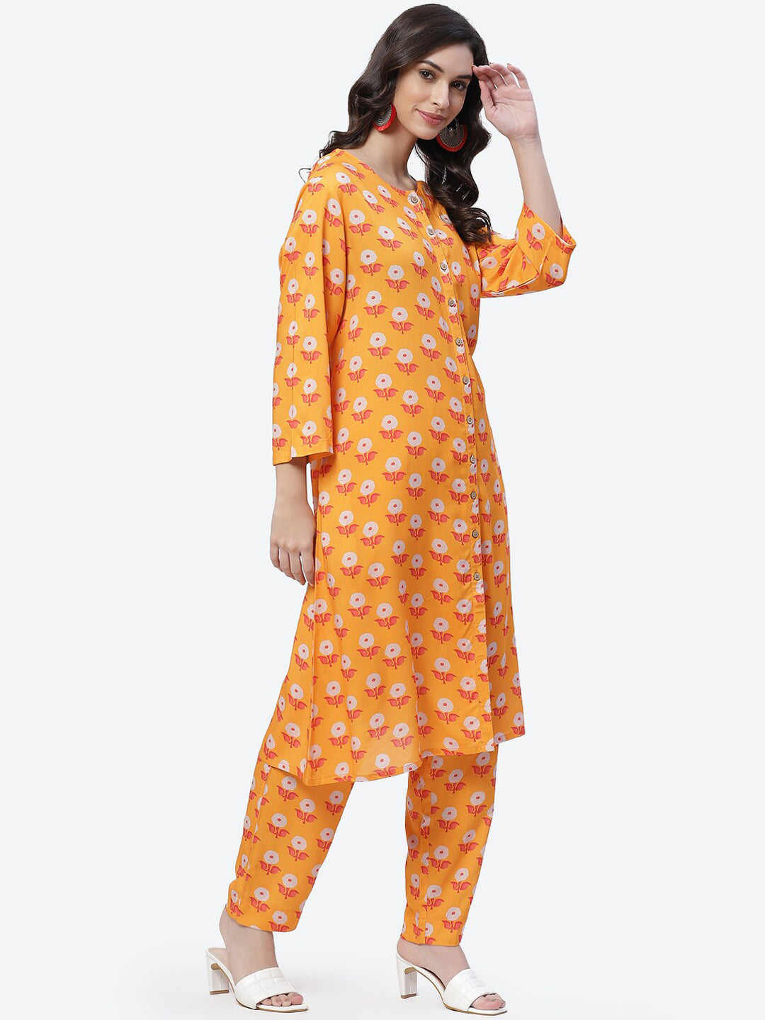 Biba Women Yellow Floral Printed Straight Kurta with Trousers - Distacart