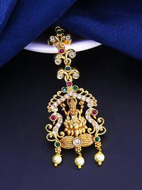 Thumbnail for Yellow Chimes Women Gold-Plated White & Red Ad Studded Handcrafted Maang Tikka - Distacart