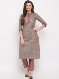 Thumbnail for NOZ2TOZ Women's Foil Print & Hand Work Straight Cotton Grey Kurti - Distacart