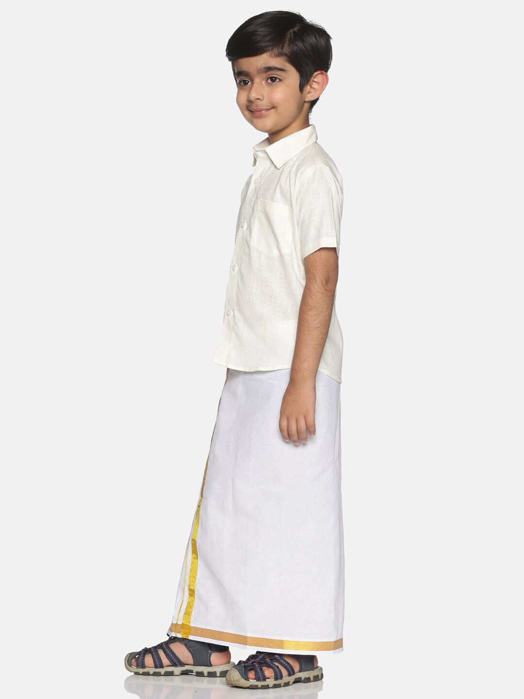 Sethukrishna Boys Cream-Coloured & White Solid Shirt and Veshti Set - Distacart