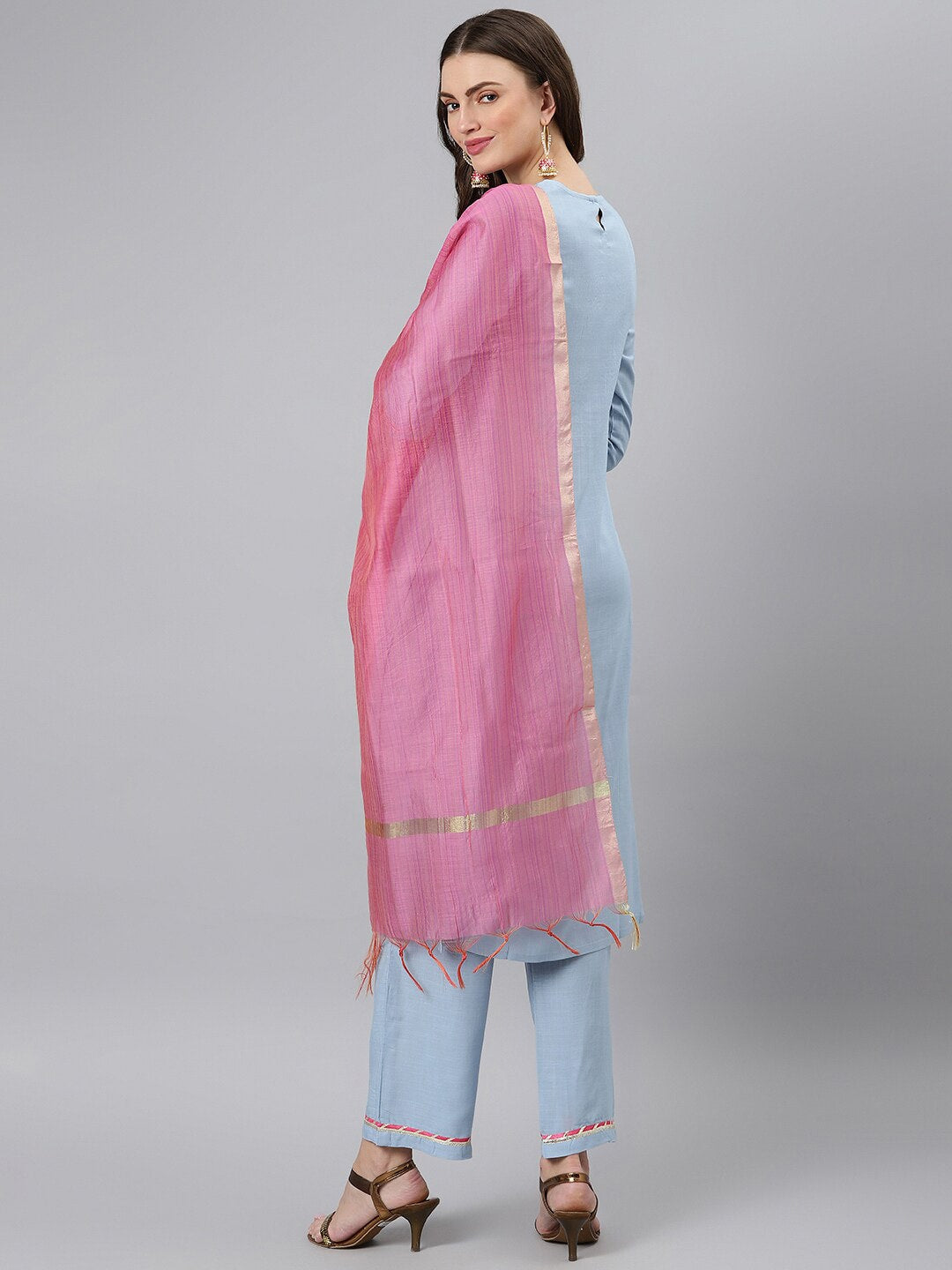 Khushal K Floral Embroidered Sequinned Kurta with Palazzos & Dupatta - Distacart