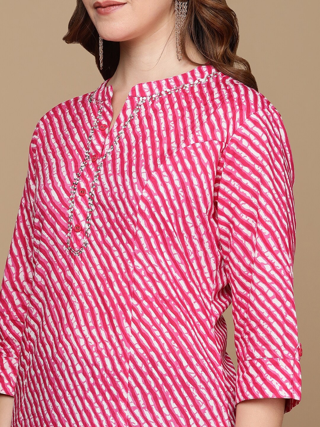 HERE&NOW Pink & White Striped Sequined Straight Cotton Kurta - Distacart
