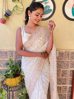 Thumbnail for Mitera Off White Embellished Sequined Saree - Distacart