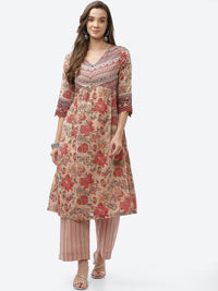 Thumbnail for Biba Women Plus Size Beige Floral Printed A-line Kurta with Palazzos - Distacart