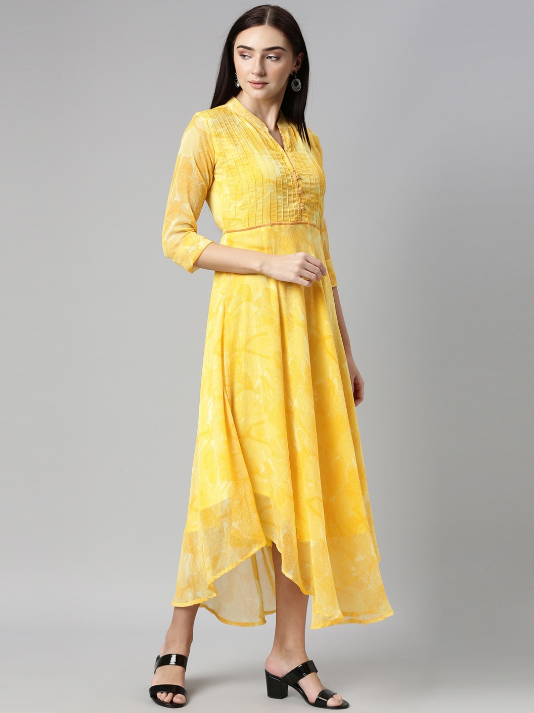 Souchii Yellow Floral Chiffon Midi Dress - Distacart