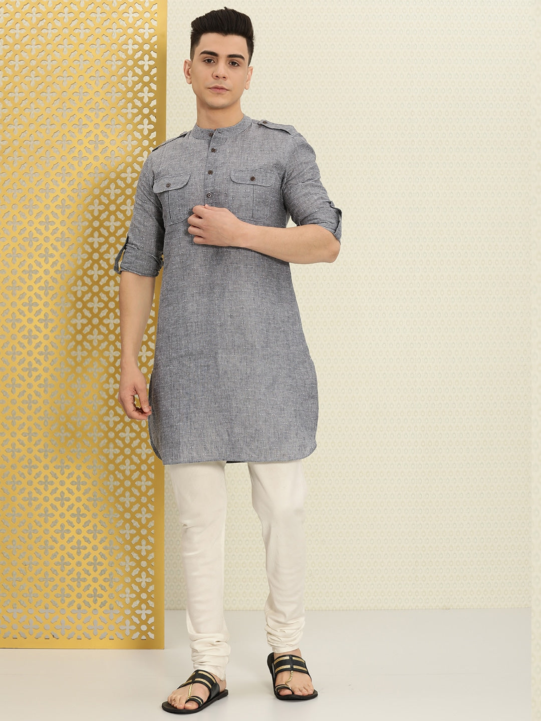 House of Pataudi Men Grey Solid Roll Up Sleeved Pathani Kurta - Distacart