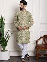 Thumbnail for Sojanya Men Green Printed Cotton Linen Kurta with Churidar - Distacart