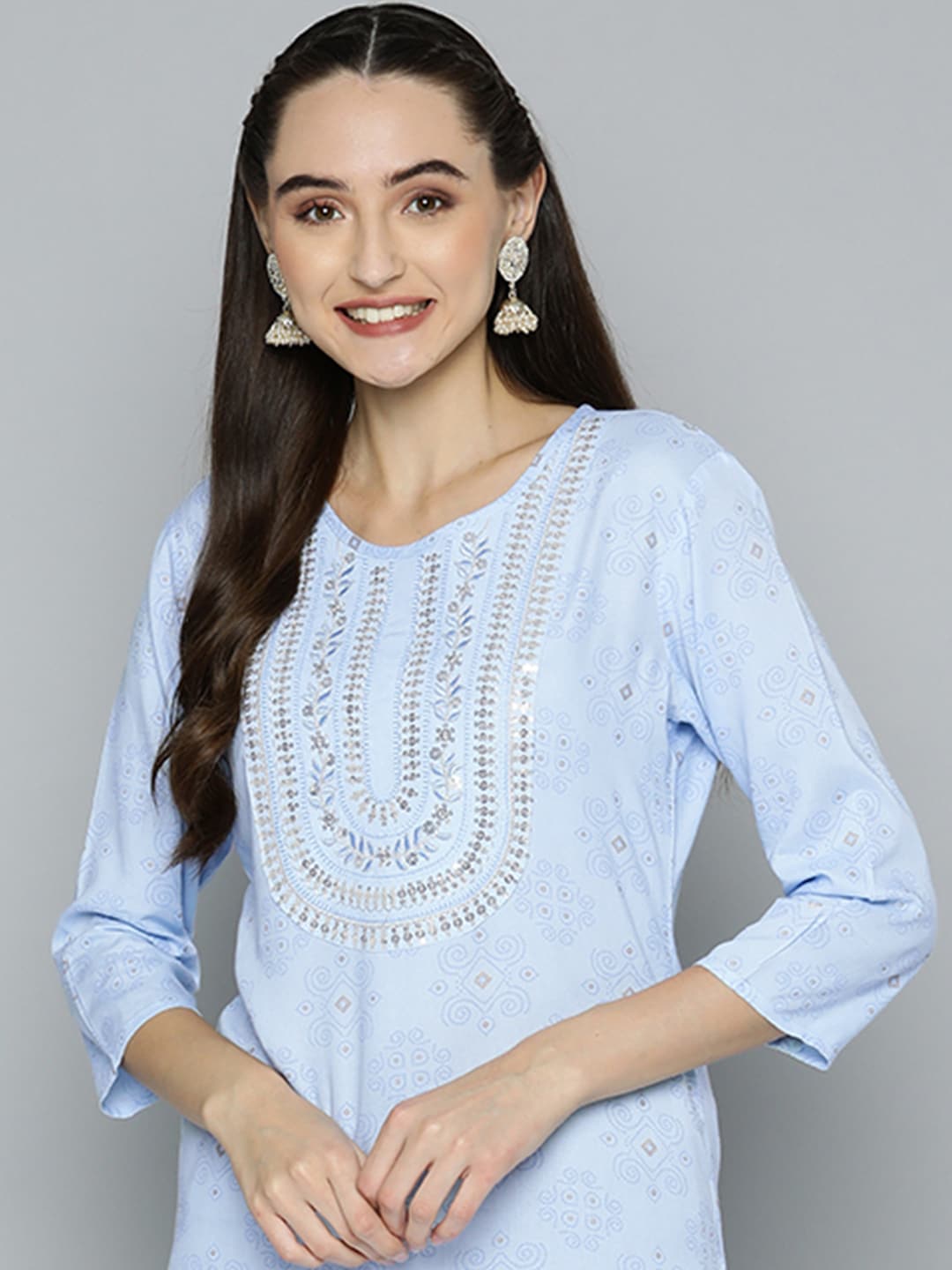 HERE&NOW Women Blue Ethnic Motifs Printed Embroidered Sequin Detail Kurta - Distacart