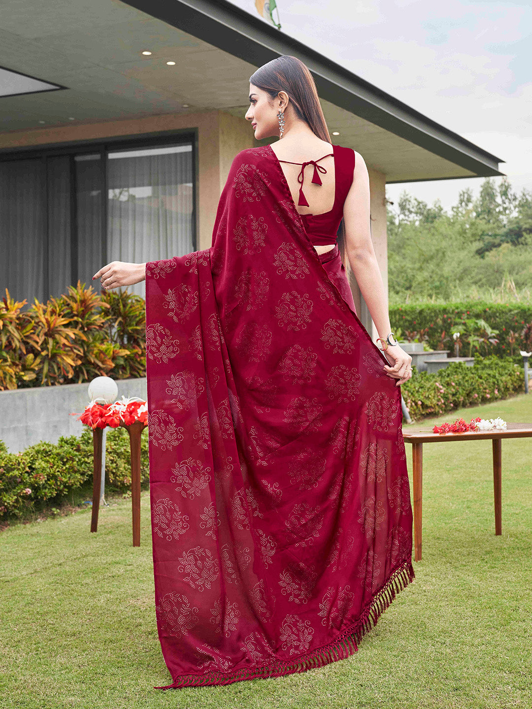 Tikhi Imli Embellished Half and half Satin Saree With Tassels - Distacart