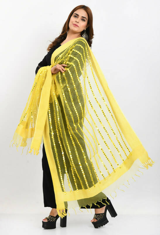 Mominos Fashion Moeza Women's Orgenza Mirror Stripe Thread Work Lemon Yellow Dupatta - Distacart