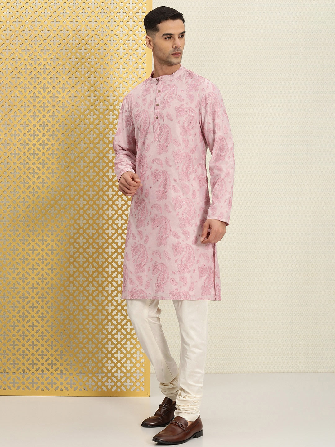 House of Pataudi Men Paisley Embroidered Sequinned Thread Work Jashn Kurta with Churidar - Distacart