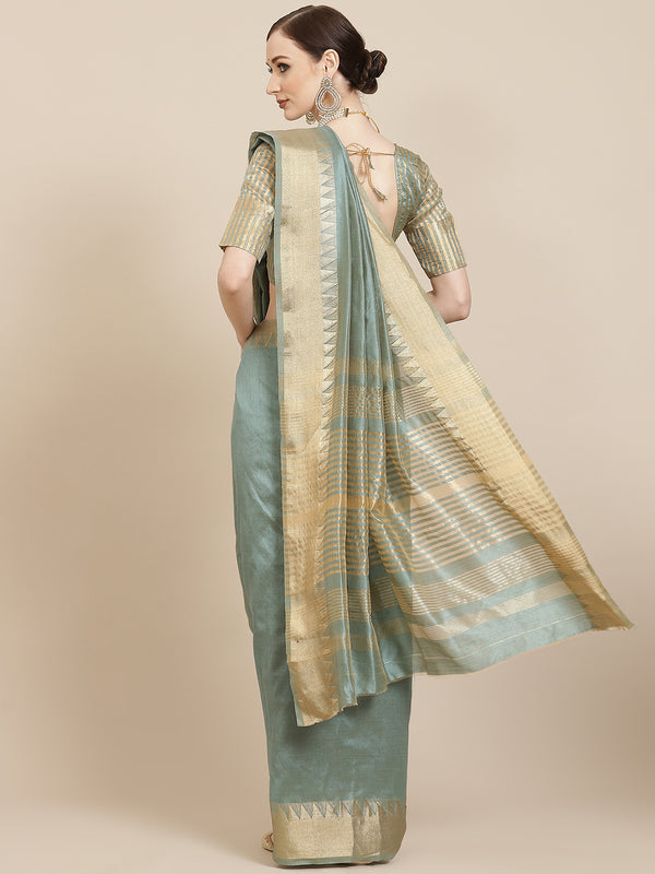 Kalini Green & Golden Solid Woven Design Saree - Distacart