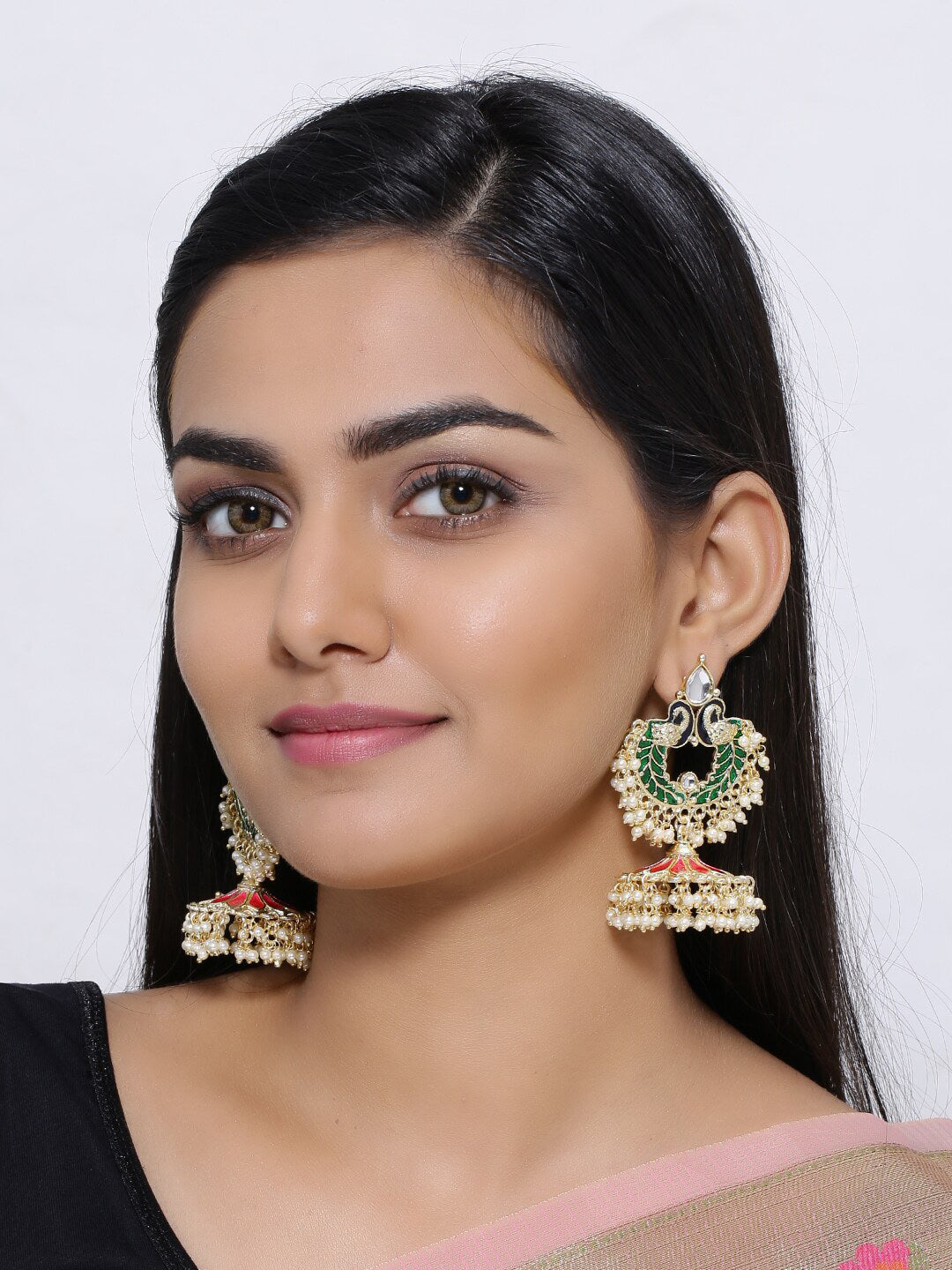Shoshaa Gold-Plated Green Enamelled Peacock Shaped Jhumkas - Distacart
