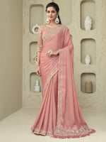 Thumbnail for Mitera Pink & Gold-Toned Embroidered Pure Georgette Saree - Distacart