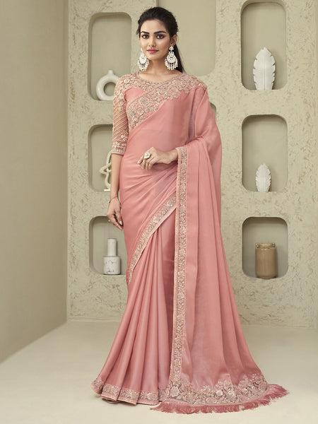 Mitera Pink & Gold-Toned Embroidered Pure Georgette Saree - Distacart
