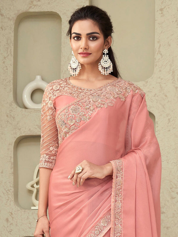Mitera Pink & Gold-Toned Embroidered Pure Georgette Saree - Distacart