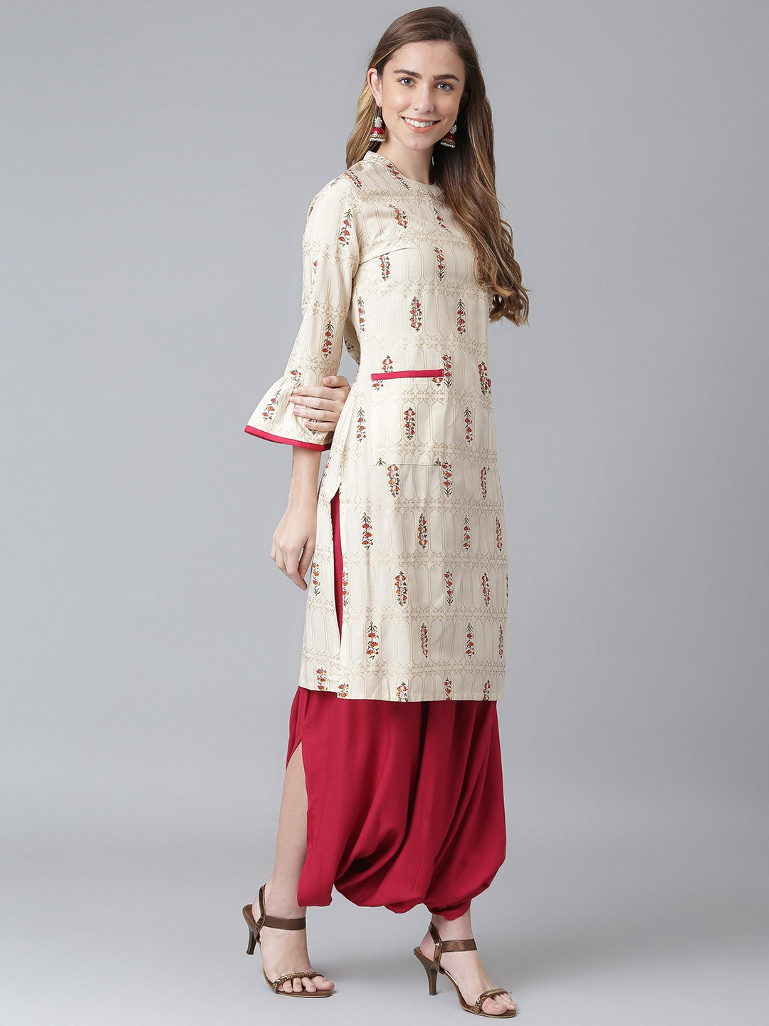 Khushal K Women Cream-Coloured & Brown Printed Kurta with Salwar - Distacart