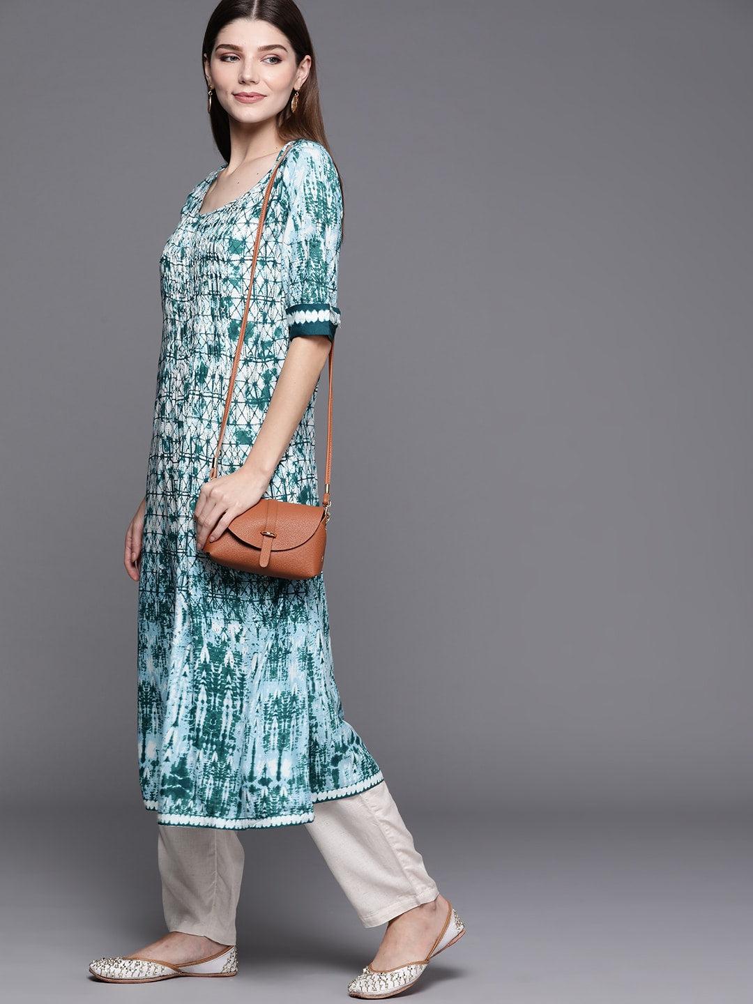 Biba Women Green & White Geometric Dyed Kurta with Mask - Distacart
