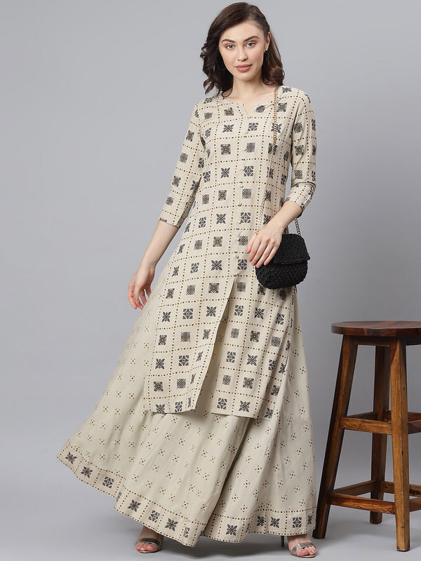 Khushal K Women Taupe Printed Kurta with Skirt - Distacart