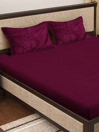Thumbnail for KLOTTHE Maroon 300 TC Woolen Fitted Double King Bedsheet With 2 Pillow Covers - Distacart