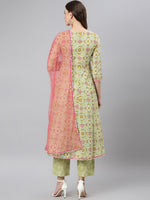 Thumbnail for Khushal K Women Green & Pink Printed Pure Cotton Kurta with Palazzos & Dupatta - Distacart