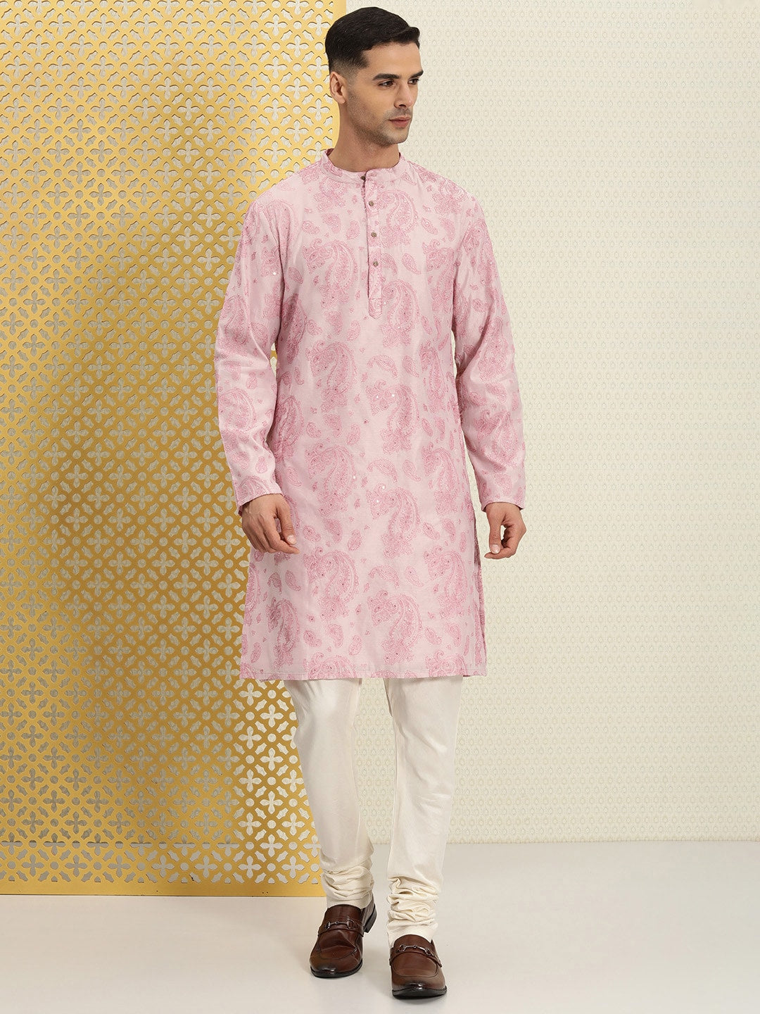 House of Pataudi Men Paisley Embroidered Sequinned Thread Work Jashn Kurta with Churidar - Distacart