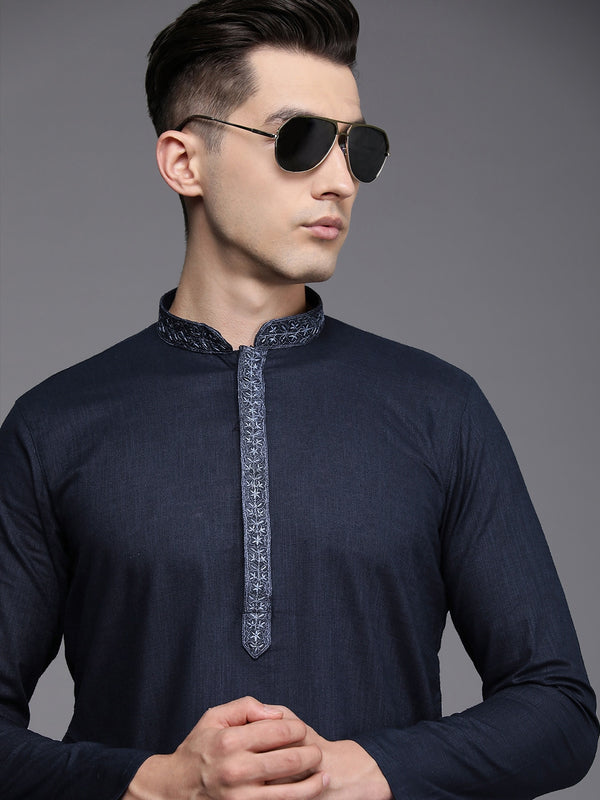 Manyavar Men Blue Solid Pure Cotton Kurta with Churidar - Distacart