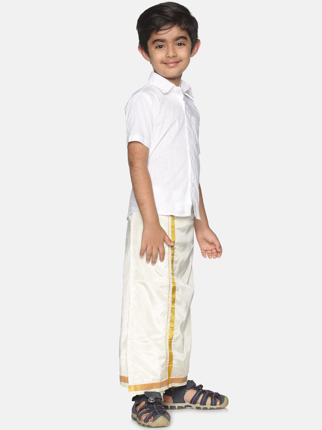 Sethukrishna Boys White & Gold-Toned Pure Cotton Shirt with Dhoti Set - Distacart
