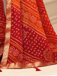 Thumbnail for Anouk Orange & Red Printed Zari Pure Chiffon Bandhani Saree - Distacart
