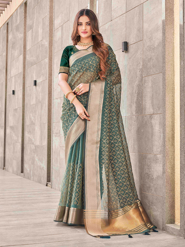 Tikhi Imli Olive Floral Embroidered Zari Organza Saree - Distacart