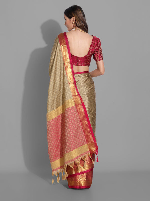 Mitera Beige & Red Woven Design Zardozi Mysore Silk Saree - Distacart